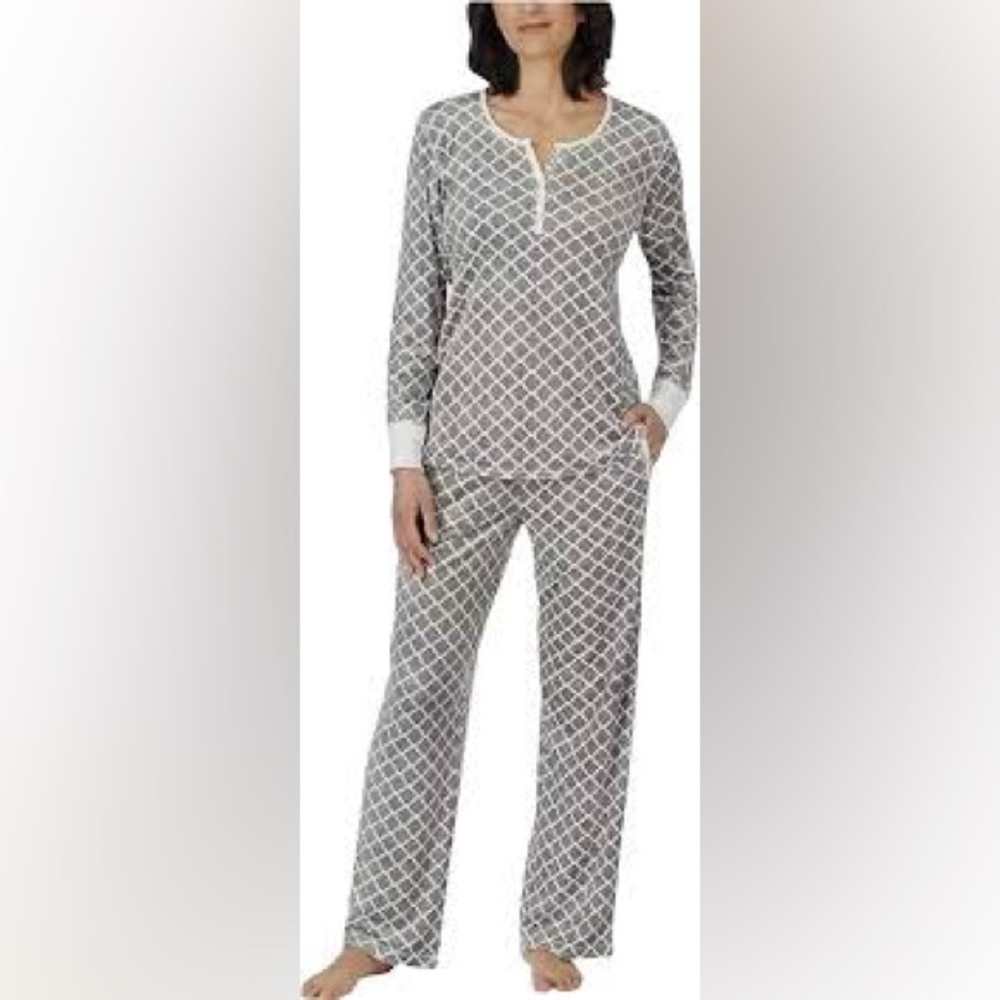 Nautica Velour Gray White Pink Geometric Tile Pajamas PJ Loungewear set wide leg